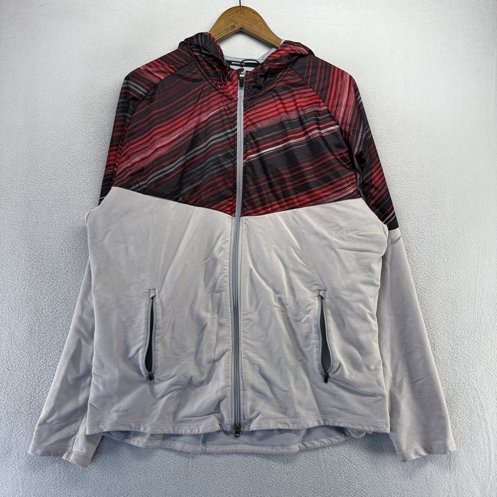 Nike Running Jacket Mens 2XL Grey Red Element Shield Full Zip Hooded Dri-Fit
